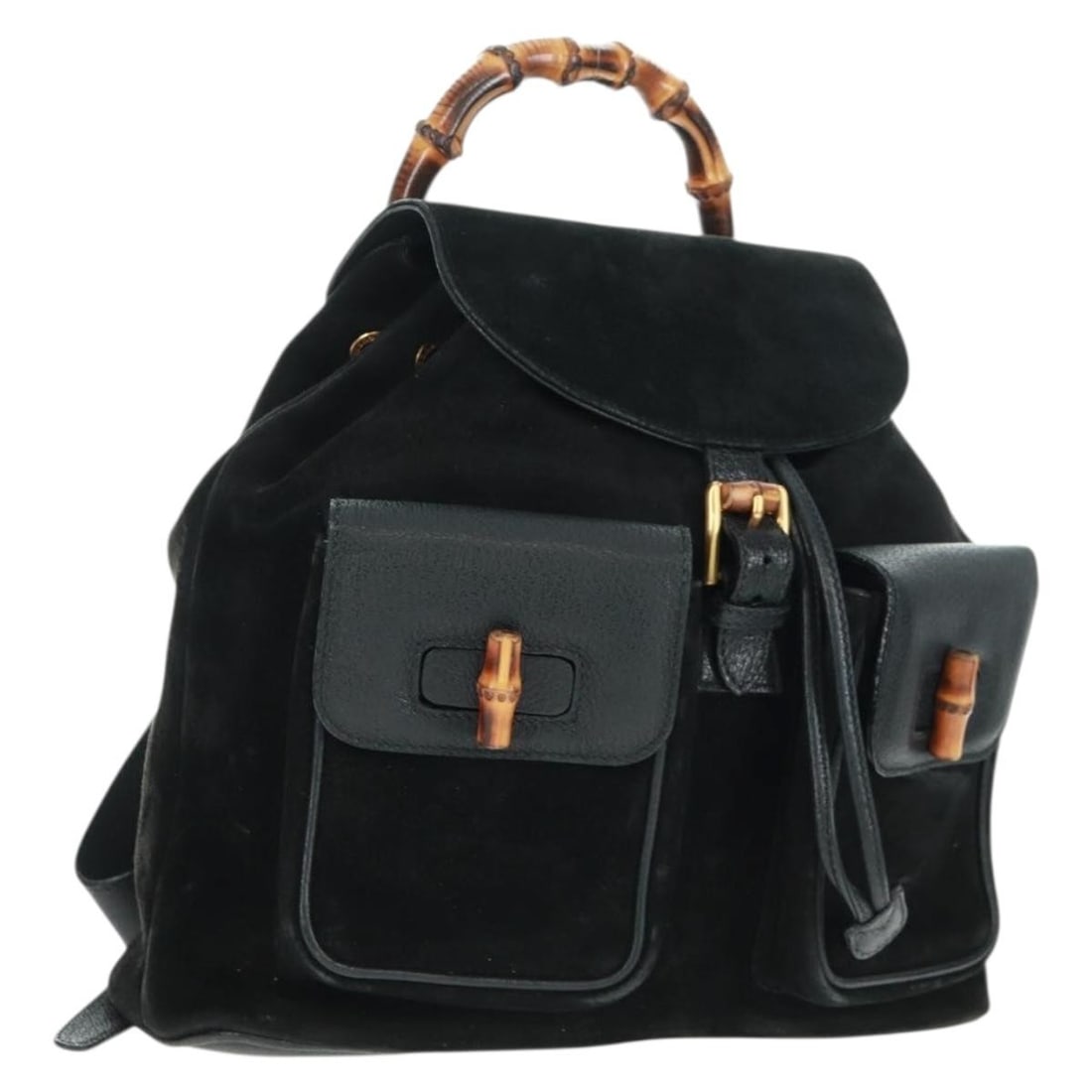 Black Suede Bamboo Backpack by Gucci Model 003 58 0016: Black Suede Bamboo Backpack by Gucci Model 003 58 0016 This is a Gucci bamboo backpack crafted from black suede with gold-tone accents. The bag features a structured silhouette and includes both a han