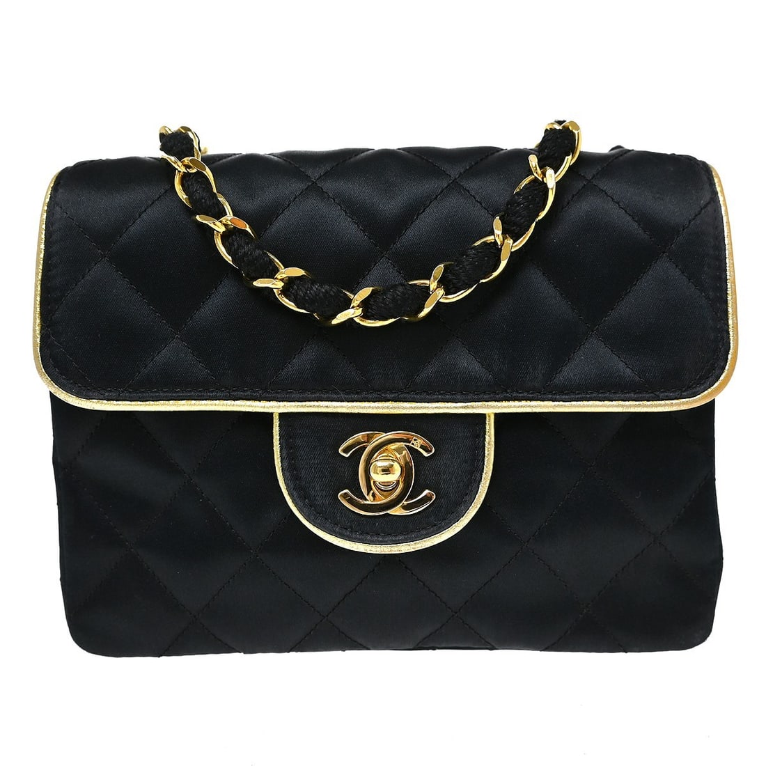 CHANEL Classic Flap Mini Square Satin Shoulder Bag Black: CHANEL Classic Flap Mini Square Satin Shoulder Bag Black Chanel Classic Flap Mini Square chain shoulder bag in black satin with a matelasse quilted exterior and flap turnlock closure. This small shoul