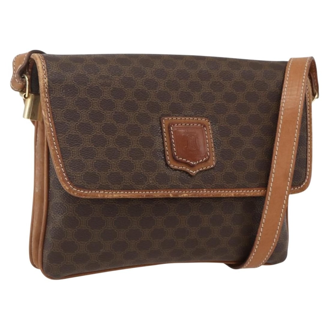 CELINE Macadam Shoulder Bag Brown PVC Leather Canvas Italy: CELINE Macadam Shoulder Bag Brown PVC Leather Canvas Italy Authentic CELINE Macadam canvas shoulder bag in brown with gold-tone accents, crafted with PVC leather trim and made in Italy. This women's s