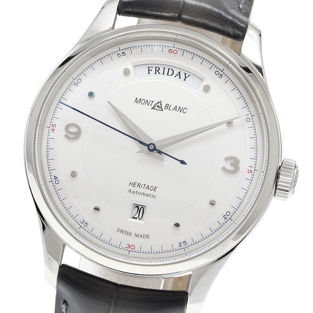 Montblanc Heritage 119947 Automatic Day Date Mens Wristwatch: Montblanc Heritage 119947 Automatic Day Date Mens Wristwatch Montblanc Heritage Day-Date automatic men's wristwatch with a silver dial, stainless steel case, and leather strap. This watch-only offerin