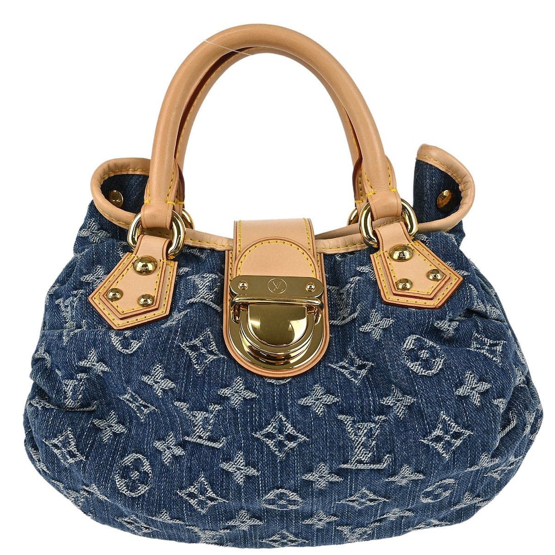 Louis Vuitton Pleaty M95020 Blue Monogram Denim Shoulder Bag: Louis Vuitton Pleaty M95020 Blue Monogram Denim Shoulder Bag Louis Vuitton Pleaty handbag in blue Monogram denim with leather trim and double handles. This medium handbag features a buckle closure, Al