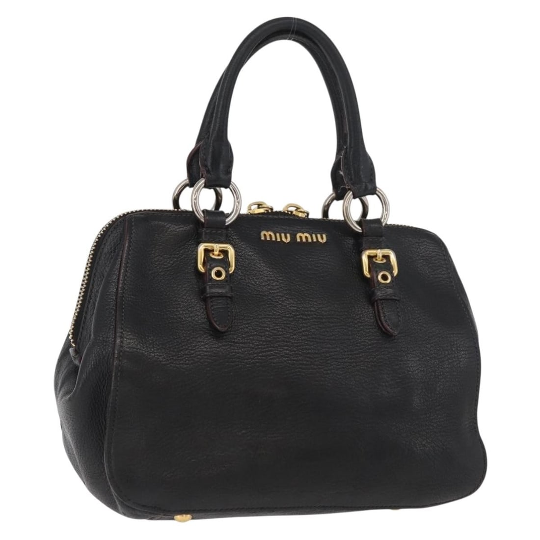 Miu Miu Black Leather Hand Bag Gold Tone Made in Turkey: Miu Miu Black Leather Hand Bag Gold Tone Made in Turkey Miu Miu leather handbag in black with gold-tone accents. This women's handbag is made in Turkey and includes only the bag shown, with no item bo