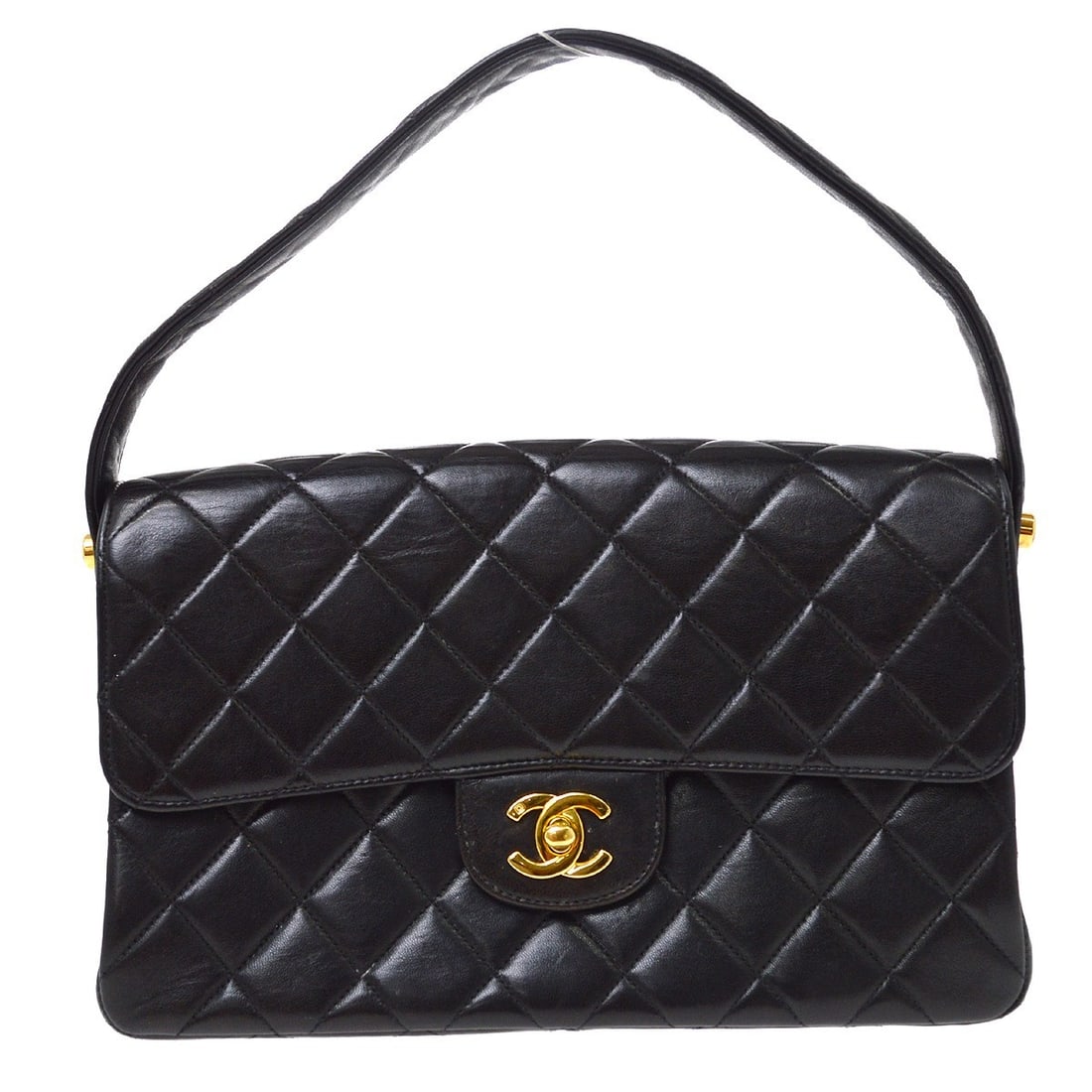 CHANEL Double Sided Classic Flap Black Lambskin Shoulder Bag: CHANEL Double Sided Classic Flap Black Lambskin Shoulder Bag Chanel Double Sided Classic Flap handbag in black lambskin with matelasse quilting and a turnlock closure. This medium shoulder bag feature