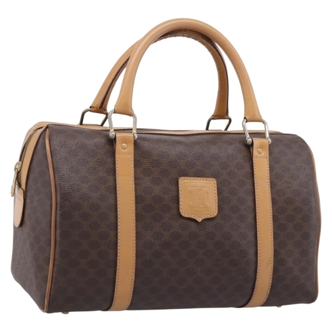 CELINE Macadam Mini Boston Bag Brown PVC Leather Italy: CELINE Macadam Mini Boston Bag Brown PVC Leather Italy Celine mini Boston bag in brown Macadam canvas with PVC leather trim and gold-tone accents. Made in Italy, this women's handbag has a structured 