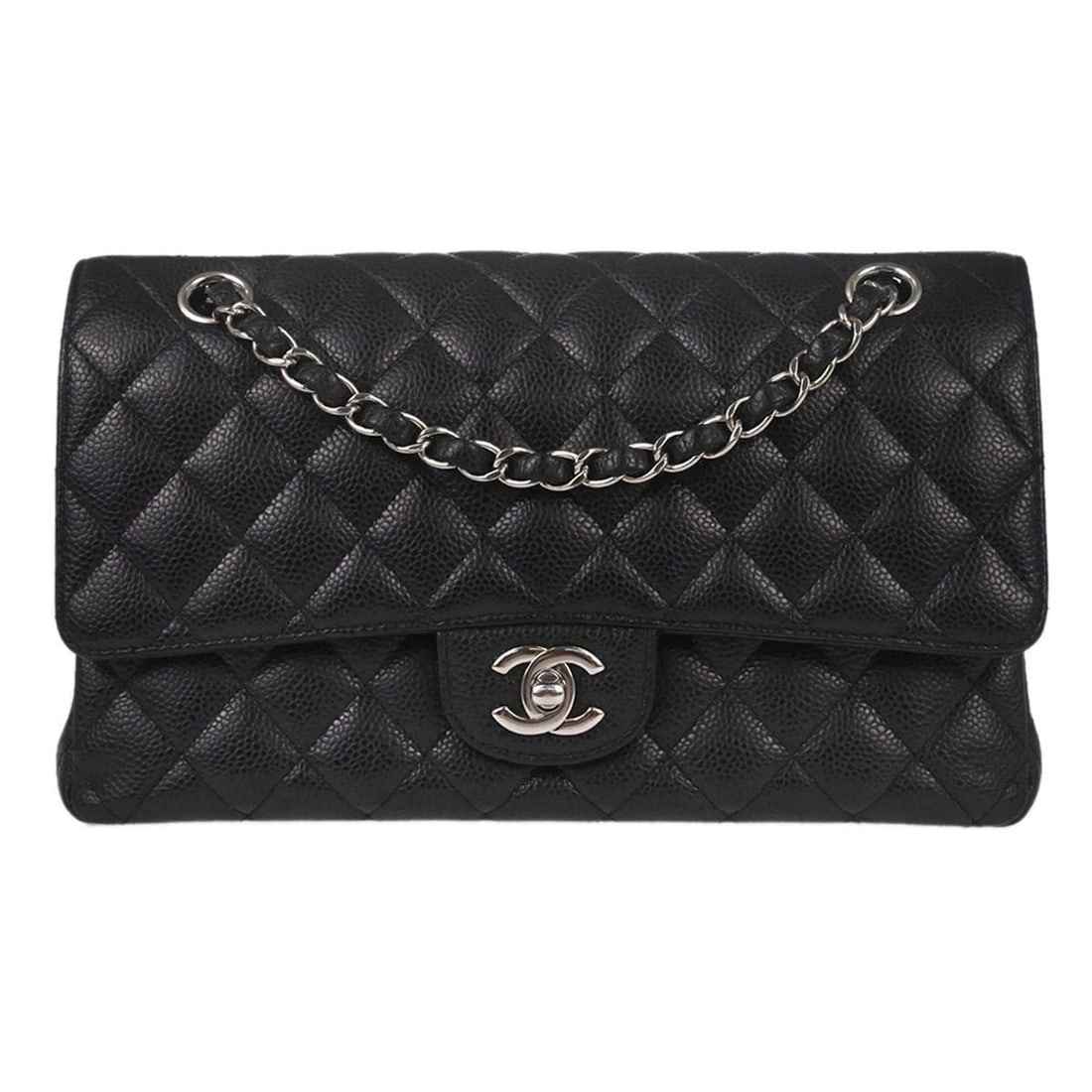 CHANEL Classic Double Flap Medium Black Caviar Leather Shoulder Bag: CHANEL Classic Double Flap Medium Black Caviar Leather Shoulder Bag Chanel Black Calfskin Medium Classic Double Flap Shoulder Bag in black caviar skin leather with a matelasse pattern and logo accent.