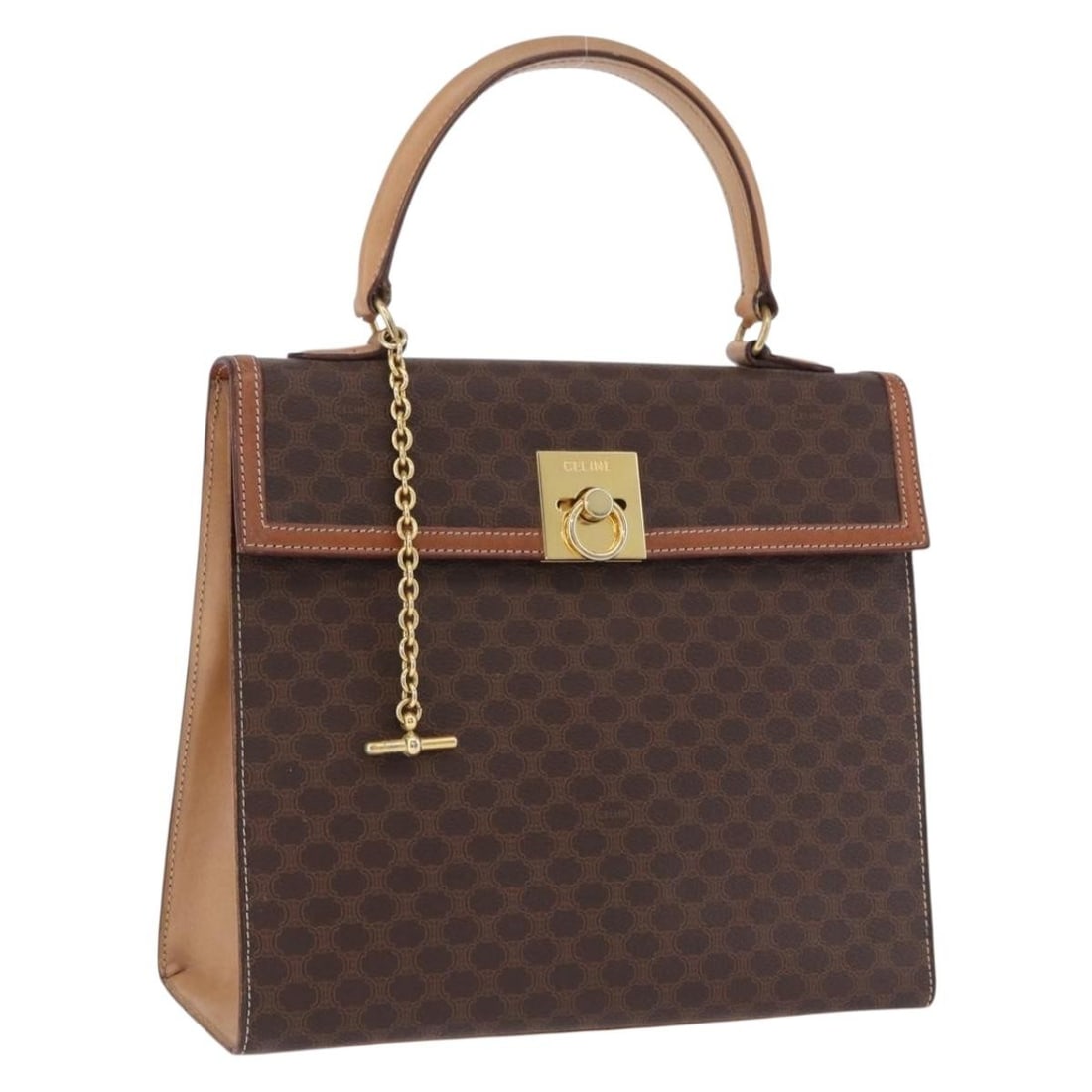 CELINE Macadam Brown PVC Leather Handbag Gold Tone Hardware: CELINE Macadam Brown PVC Leather Handbag Gold Tone Hardware CELINE Macadam Canvas hand bag in brown and gold, made in Italy from PVC leather and Macadam canvas. This women's handbag features a handle 