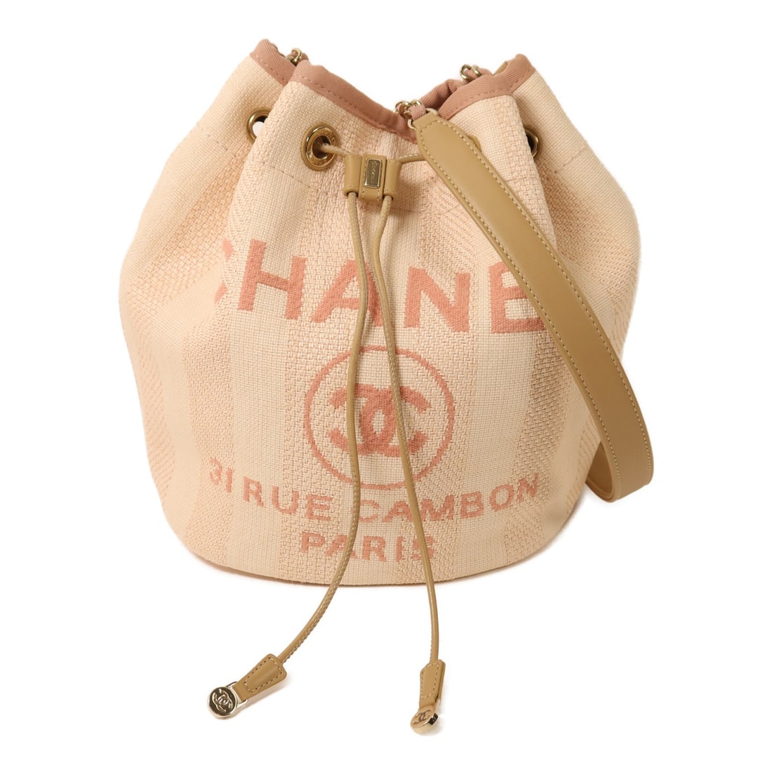 CHANEL A57536 CC Bucket Chain Shoulder Bag Canvas Pink Beige: CHANEL A57536 CC Bucket Chain Shoulder Bag Canvas Pink Beige CHANEL CC GHW Bucket Chain Shoulder Bag, model A57536, made of canvas in pink and beige. It features one inside zip pocket and comes with a