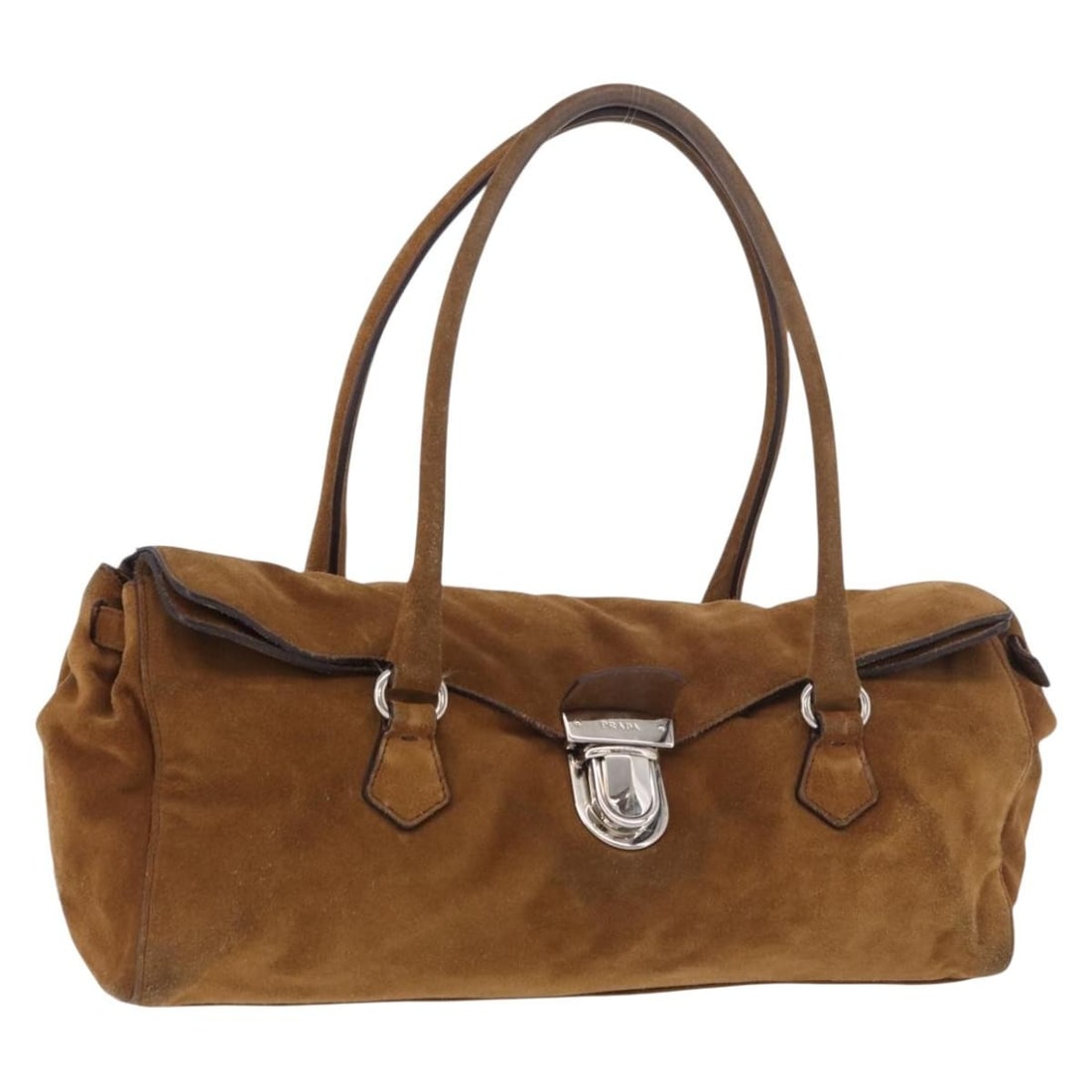 PRADA suede handbag brown with silver tone dust bag: PRADA suede handbag brown with silver tone dust bag Prada women's suede handbag in brown with silver-tone accents, made in Italy. Includes a dust bag. This heavily used bag shows visible wear througho