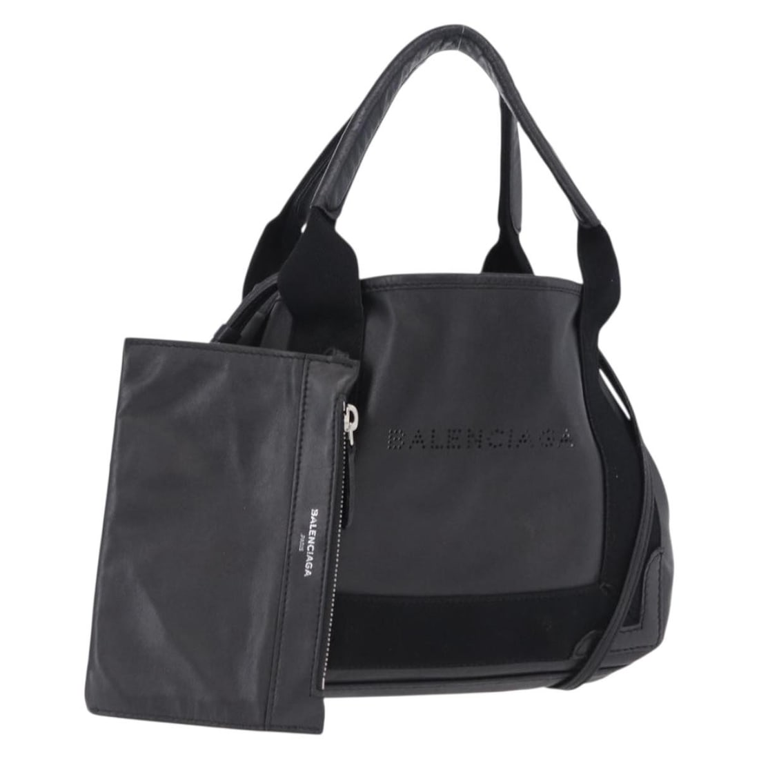 Balenciaga 390346 Navy Cabas XS Leather 2way Handbag Black Silver: Balenciaga 390346 Navy Cabas XS Leather 2way Handbag Black Silver Balenciaga Navy Cabas XS 2-way handbag in black leather with silver-tone accents. Made in Italy, this women's bag includes a shoulder 