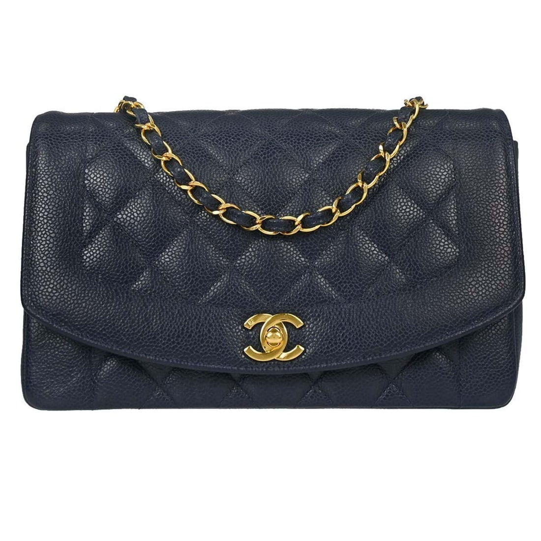 CHANEL Diana Medium Navy Caviar Skin Shoulder Bag: CHANEL Diana Medium Navy Caviar Skin Shoulder Bag Chanel Diana medium shoulder bag in navy caviar skin with a shoulder strap and canvas lining. Made in France, this women's bag features interior stora