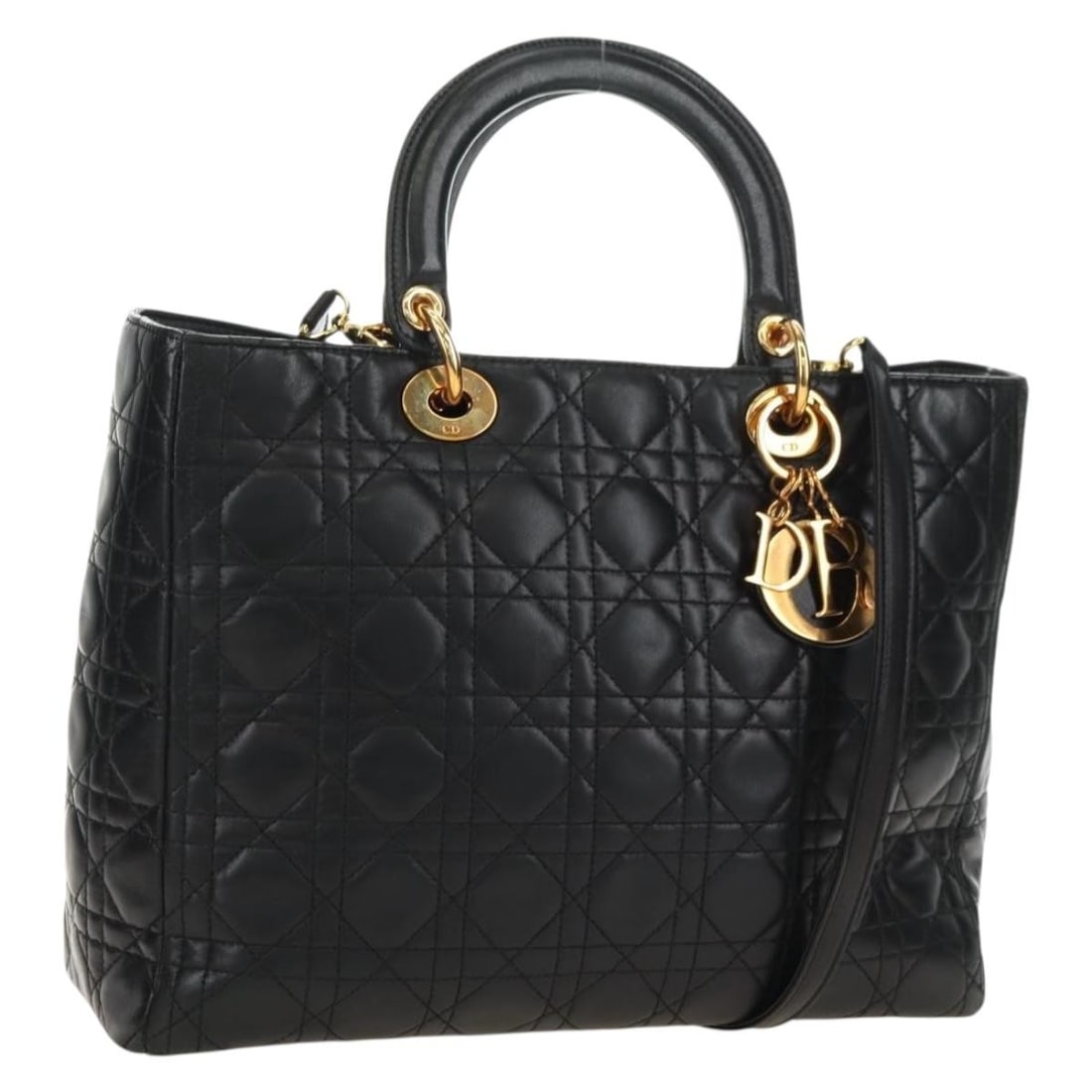 Christian Dior Cannage Lamb Skin Handbag Black Gold Tone Strap: Christian Dior Cannage Lamb Skin Handbag Black Gold Tone Strap Christian Dior Cannage handbag in black lamb skin with gold-tone accents, made in Italy. This women's handbag includes a dust bag and sho