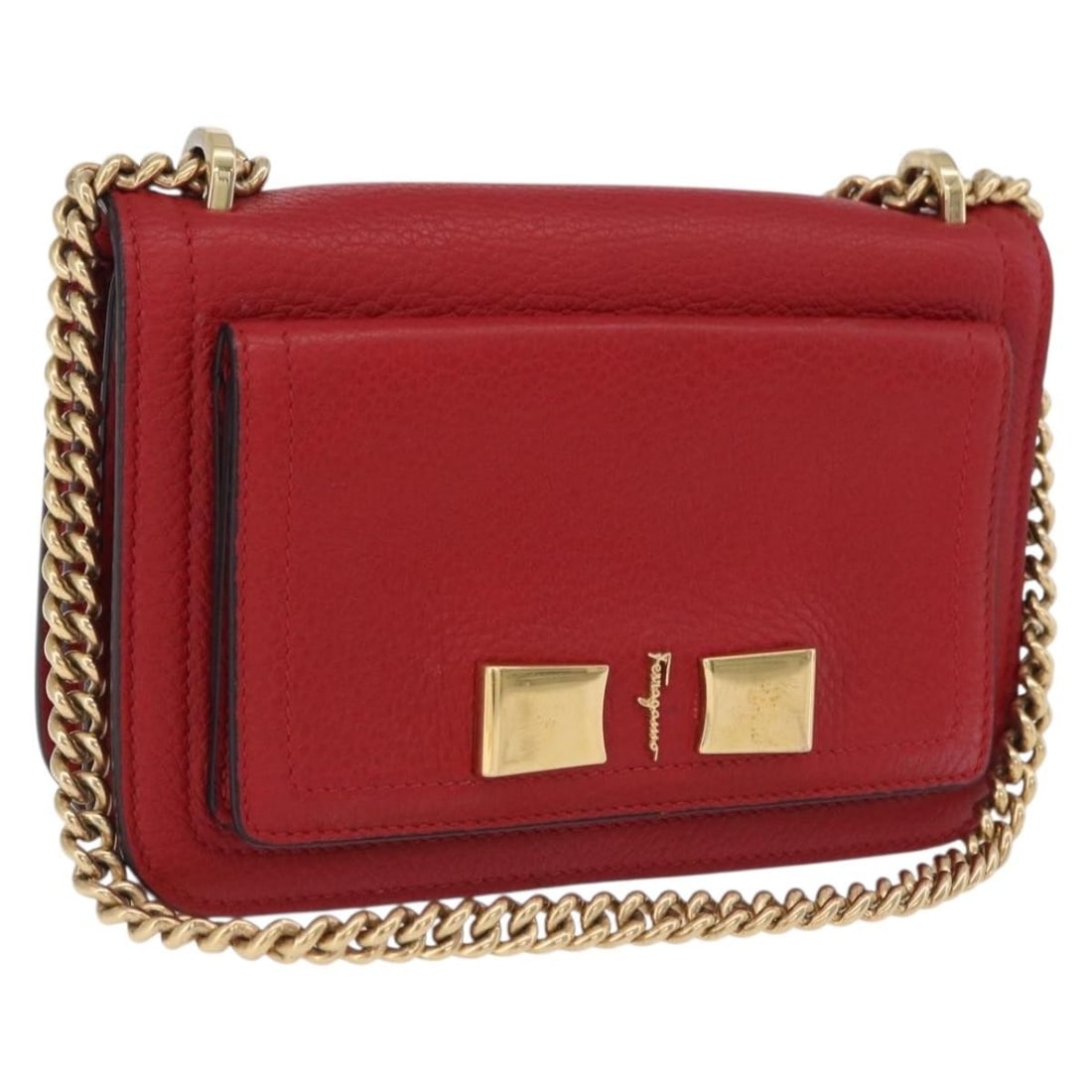 Salvatore Ferragamo Red Leather Shoulder Bag with Gold Tone Chain: Salvatore Ferragamo Red Leather Shoulder Bag with Gold Tone Chain Salvatore Ferragamo shoulder bag in red leather with gold-tone accents. This women's bag includes a chain shoulder strap and comes wit