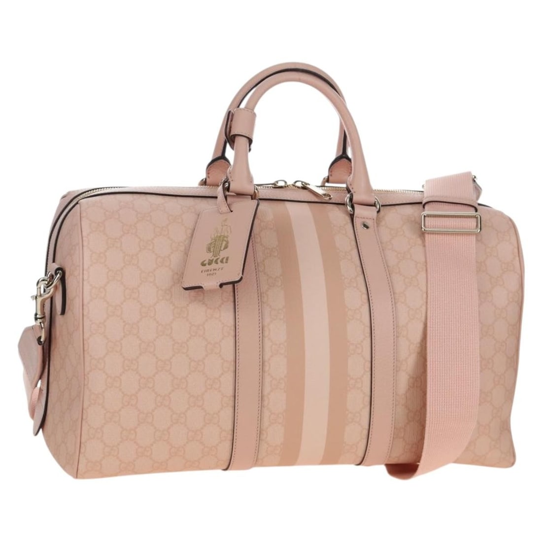 Gucci 811486 GG Supreme 2way Boston Bag Pink Gold PVC Leather: Gucci 811486 GG Supreme 2way Boston Bag Pink Gold PVC Leather Gucci GG Supreme Boston bag in pink and gold PVC leather with GG canvas. This 2-way design includes top handles and a detachable shoulder 