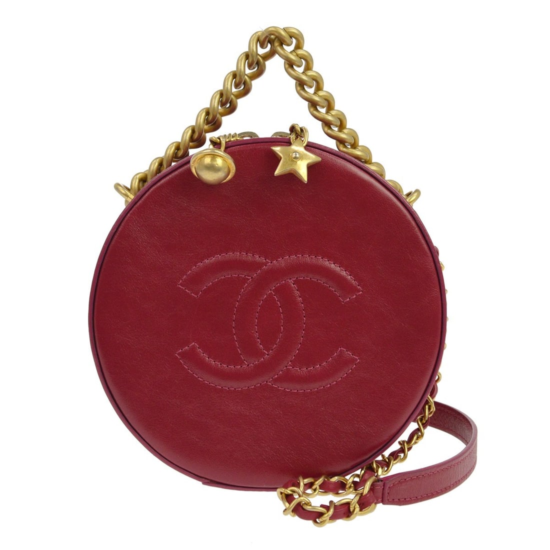 CHANEL Round As Earth Mini Red Glazed Calfskin Top Handle Bag: CHANEL Round As Earth Mini Red Glazed Calfskin Top Handle Bag Chanel Round As Earth 2way handbag in red glazed calfskin with a compact round silhouette, top handle, and zip closure. Made in Italy, thi