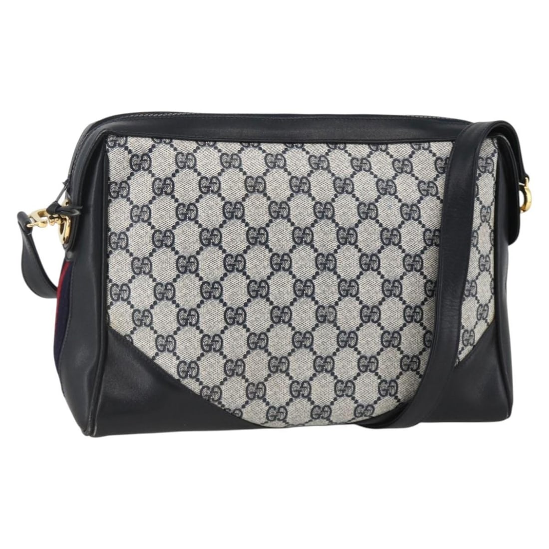Gucci Sherry Line GG Supreme PVC Leather Shoulder Bag Navy Red Gold: Gucci Sherry Line GG Supreme PVC Leather Shoulder Bag Navy Red Gold Authentic Gucci GG Supreme Sherry Line shoulder bag in navy, gold, and red PVC leather with GG canvas. This women's shoulder bag is 