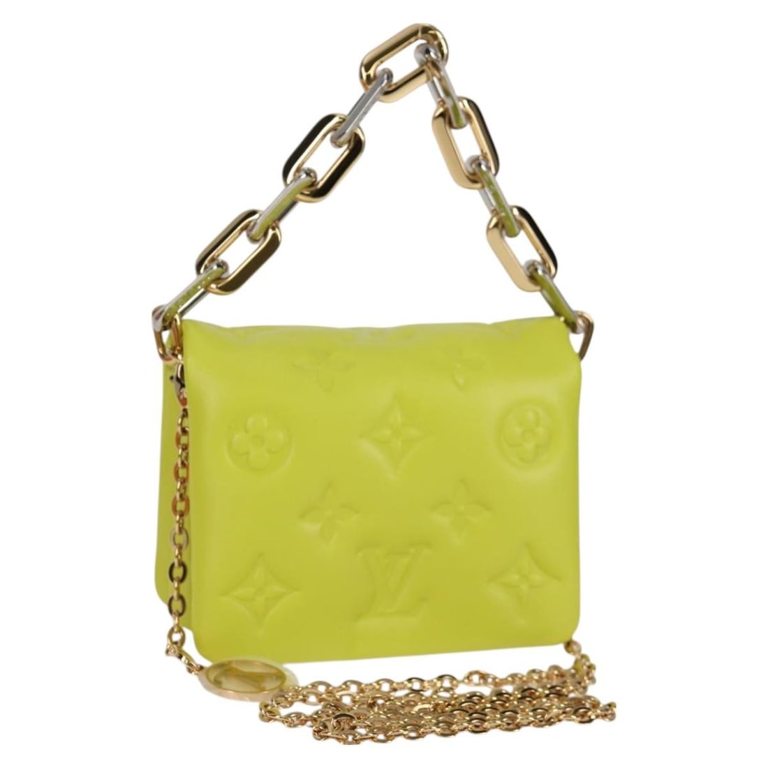 Louis Vuitton Coussin belt bag yellow leather 2way with strap: Louis Vuitton Coussin belt bag yellow leather 2way with strap Louis Vuitton Monogram Emboss Coussin Belt Bag in leather, presented as a women's hand bag in yellow. It is made in Italy and comes with a