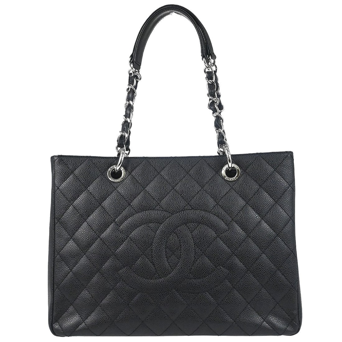 CHANEL GST Grand Shopping Tote Black Caviar Leather Chain Bag: CHANEL GST Grand Shopping Tote Black Caviar Leather Chain Bag Chanel Grand Shopping Tote GST chain handbag in black caviar skin leather. This medium tote features double handles, logo accents, inner p