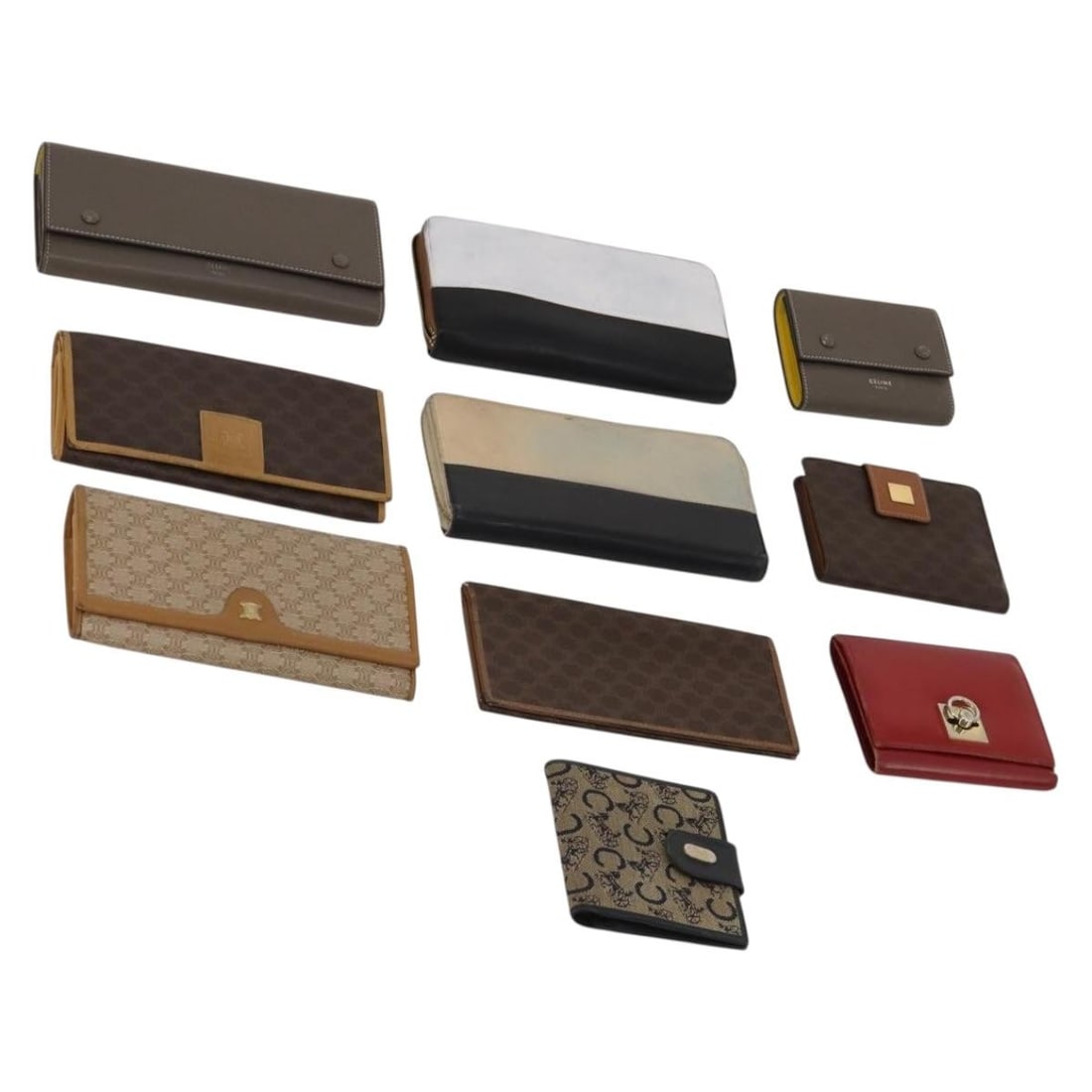 Set of 10 CELINE Macadam canvas and leather wallets brown beige red: Set of 10 CELINE Macadam canvas and leather wallets brown beige red Authentic CELINE wallet in Macadam canvas and leather with a brown, beige, and red color combination. This women's wallet is made in