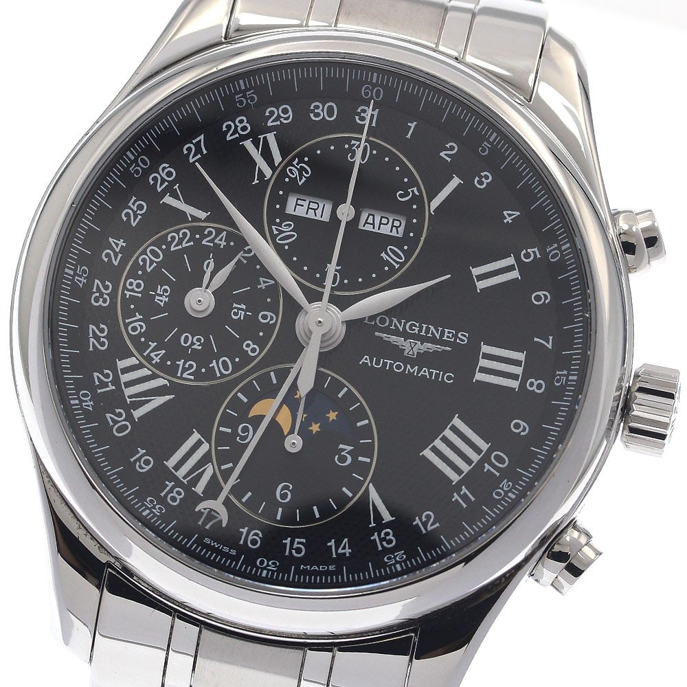 Longines Master Collection mens automatic chronograph watch L2.773.4.51.6: Longines Master Collection mens automatic chronograph watch L2.773.4.51.6 Longines Master Collection chronograph automatic men's wristwatch with a black dial and stainless steel case and bracelet. Thi