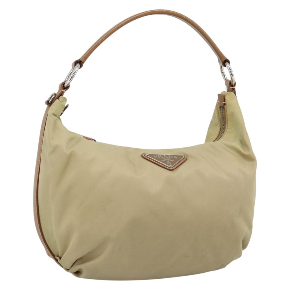 PRADA Beige Silver Nylon Shoulder Bag Made in Italy: PRADA Beige Silver Nylon Shoulder Bag Made in Italy Authentic Prada shoulder bag in beige and silver nylon. This women's bag is made in Italy and features a compact shoulder-carry design. It is a heav