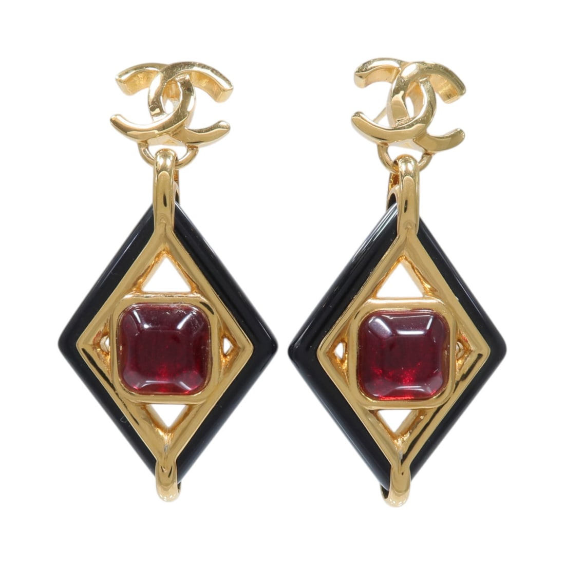 CHANEL AB9793 CC Pierced Earrings Metal PVC Black Red Gold: CHANEL AB9793 CC Pierced Earrings Metal PVC Black Red Gold CHANEL CC pierced earrings in black, red, and gold-tone metal and PVC. Model AB9793, made in France. Condition is AB: Very Good. Accessories 
