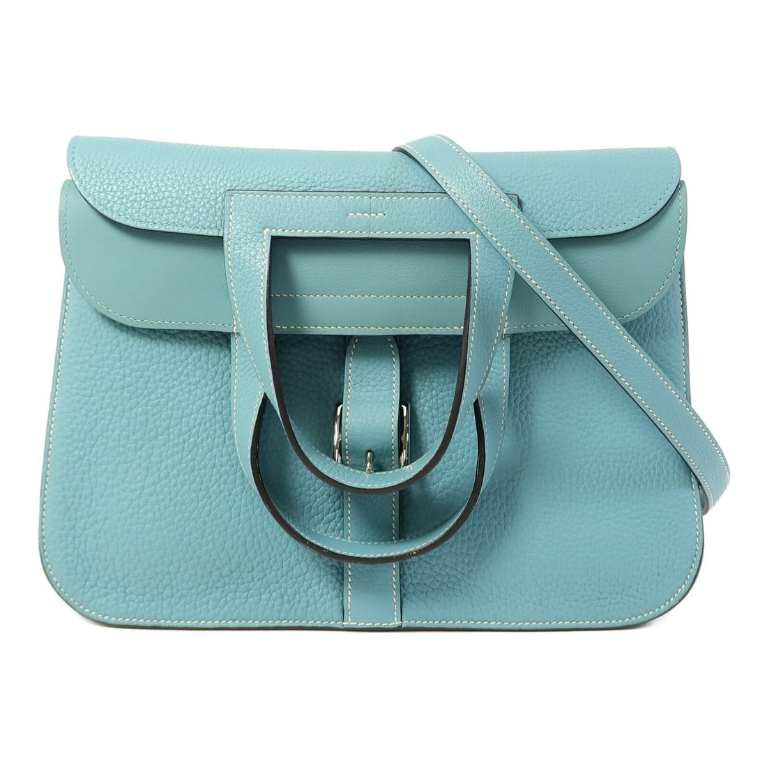 Hermes Halzan 31 Clemence Calfskin 2way Shoulder Bag Blue Saint: Hermes Halzan 31 Clemence Calfskin 2way Shoulder Bag Blue Saint Hermes Halzan 31 2-way shoulder bag in Blue Saint-Cyr x Blue x Bleu Saint, made from Taurillon Clemence and calfskin (cowhide). This reg