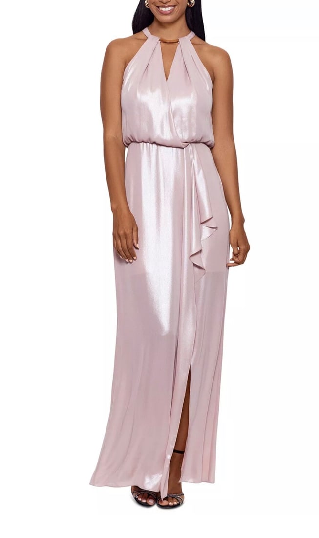 Xscape Sleeveless Rose Pink Chiffon Gown Size 8 with Embellished Neckline: Xscape Sleeveless Rose Pink Chiffon Gown Size 8 with Embellished Neckline Elevate your formal attire with this stunning sleeveless gown by Xscape, designed in a beautiful rose pink hue. This floor-len