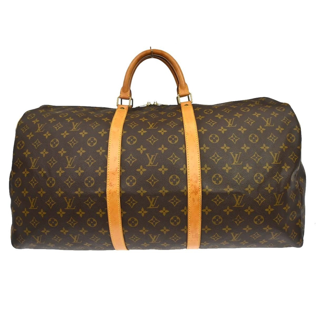Louis Vuitton Keepall 60 Monogram Canvas Duffle Bag M41422: Louis Vuitton Keepall 60 Monogram Canvas Duffle Bag M41422 Vintage Louis Vuitton Keepall 60 travel handbag in brown Monogram canvas with leather trim and double handles. This extra large duffle-style 
