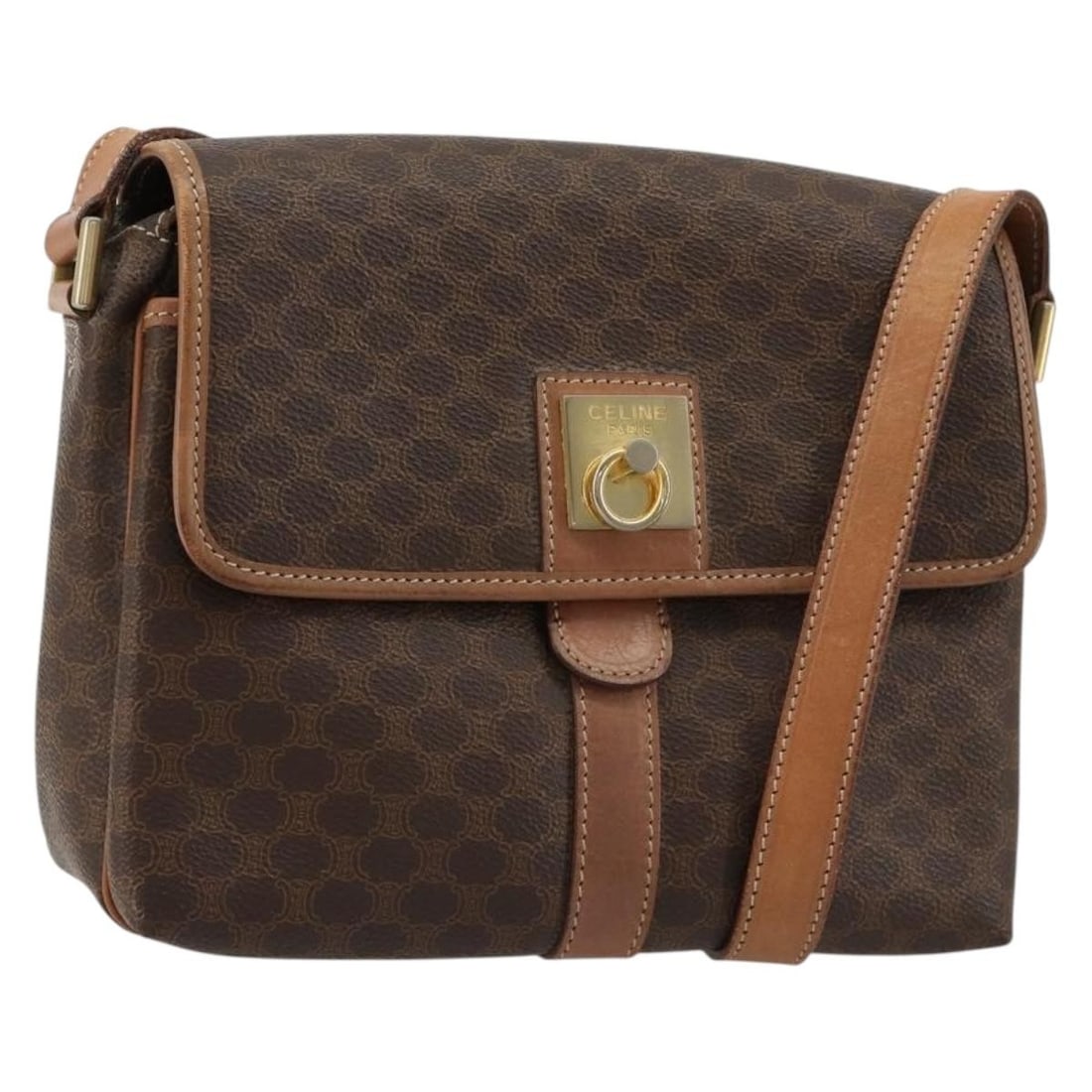 CELINE Macadam Circle Shoulder Bag Brown PVC Leather: CELINE Macadam Circle Shoulder Bag Brown PVC Leather Celine Macadam canvas circle shoulder bag in brown with gold-tone accents. This women's shoulder bag is made in Italy from PVC leather and Macadam 