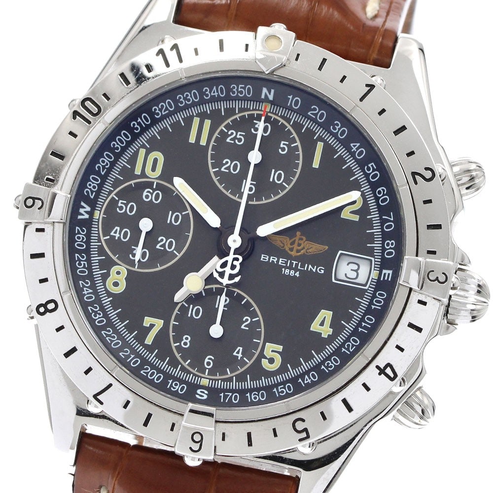 Breitling Chronomat Longitude A20048 mens automatic GMT chronograph watch: Breitling Chronomat Longitude A20048 mens automatic GMT chronograph watch Breitling Chronomat Longitude GMT automatic men's wristwatch with a stainless steel case, gray dial, and leather strap. This w