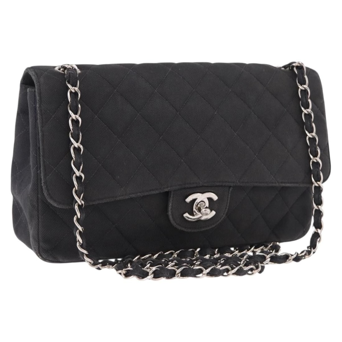 CHANEL Matelasse 25 Canvas Shoulder Bag Black Silver Tone CC: CHANEL Matelasse 25 Canvas Shoulder Bag Black Silver Tone CC Chanel Matelasse 25 chain shoulder bag in black canvas with silver-tone CC detailing. Made in France, this women's shoulder bag includes th