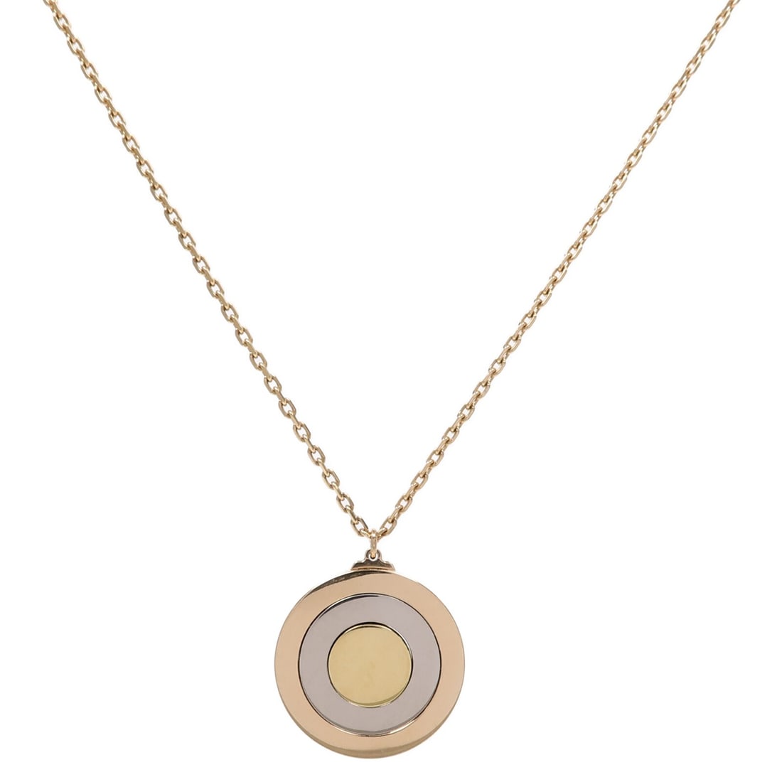 Cartier Circular Spinning Necklace in 18K Tri Color Gold: Cartier Circular Spinning Necklace in 18K Tri Color Gold A CARTIER Circular Spinning Necklace crafted in 18K pink gold, yellow gold, and white gold. The piece features a circular spinning motif and is
