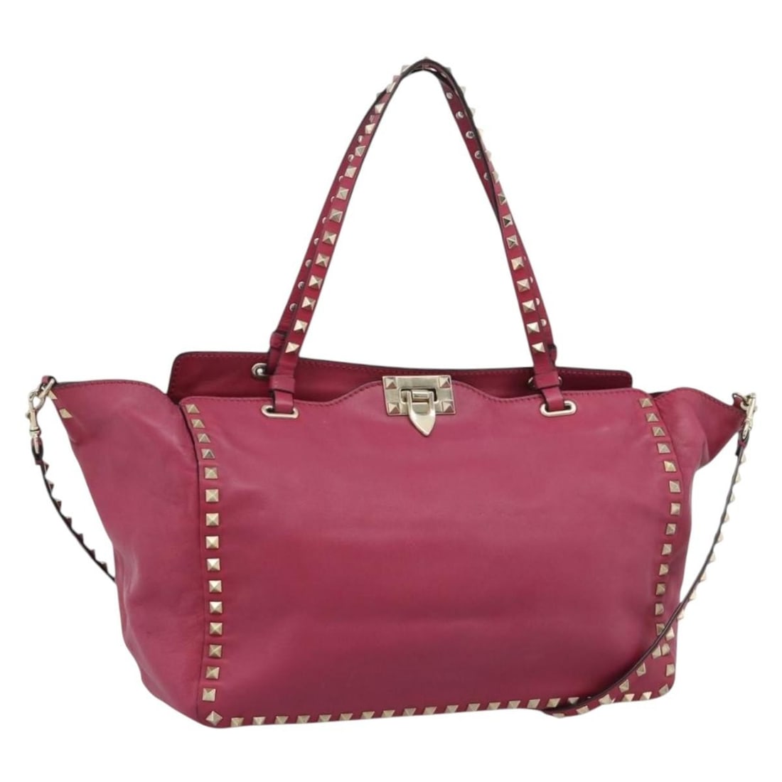 Valentino Leather 2way Tote Bag Pink Gold Studded with Shoulder Strap: Valentino Leather 2way Tote Bag Pink Gold Studded with Shoulder Strap Valentino 2-way tote bag in pink leather with gold-tone accents. Designed for women, this Italian-made bag includes a shoulder str