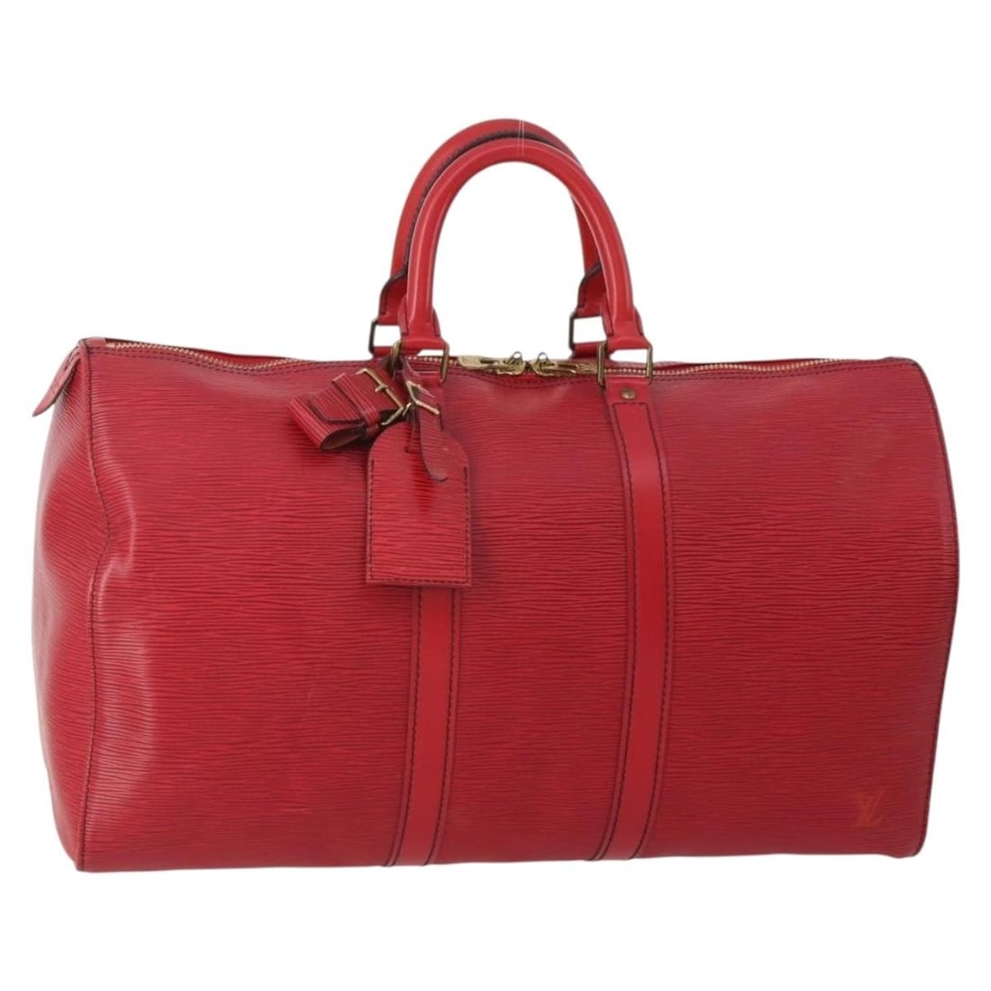 Louis Vuitton M42977 Epi Leather Boston Bag Red France: Louis Vuitton M42977 Epi Leather Boston Bag Red France Louis Vuitton Keepall 45 Boston bag in red Epi leather. Made in France, this women's bag includes a name tag and Powanie. Condition is heavily us