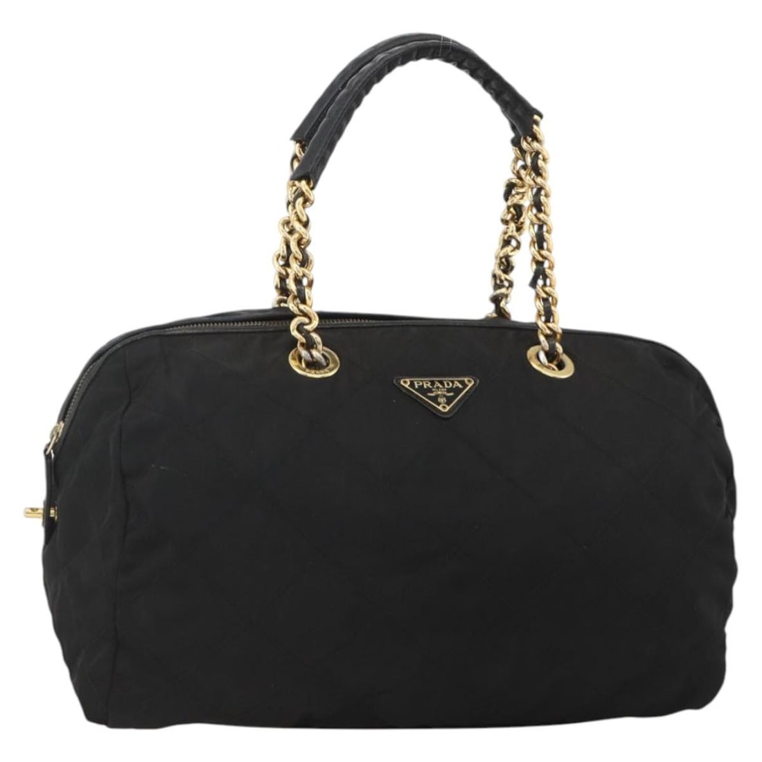 PRADA Nylon Boston Bag Black with Gold Tone Hardware: PRADA Nylon Boston Bag Black with Gold Tone Hardware Authentic Prada Boston bag in black nylon with gold-tone accents, made in Italy. This women's bag has a classic Boston silhouette and includes only