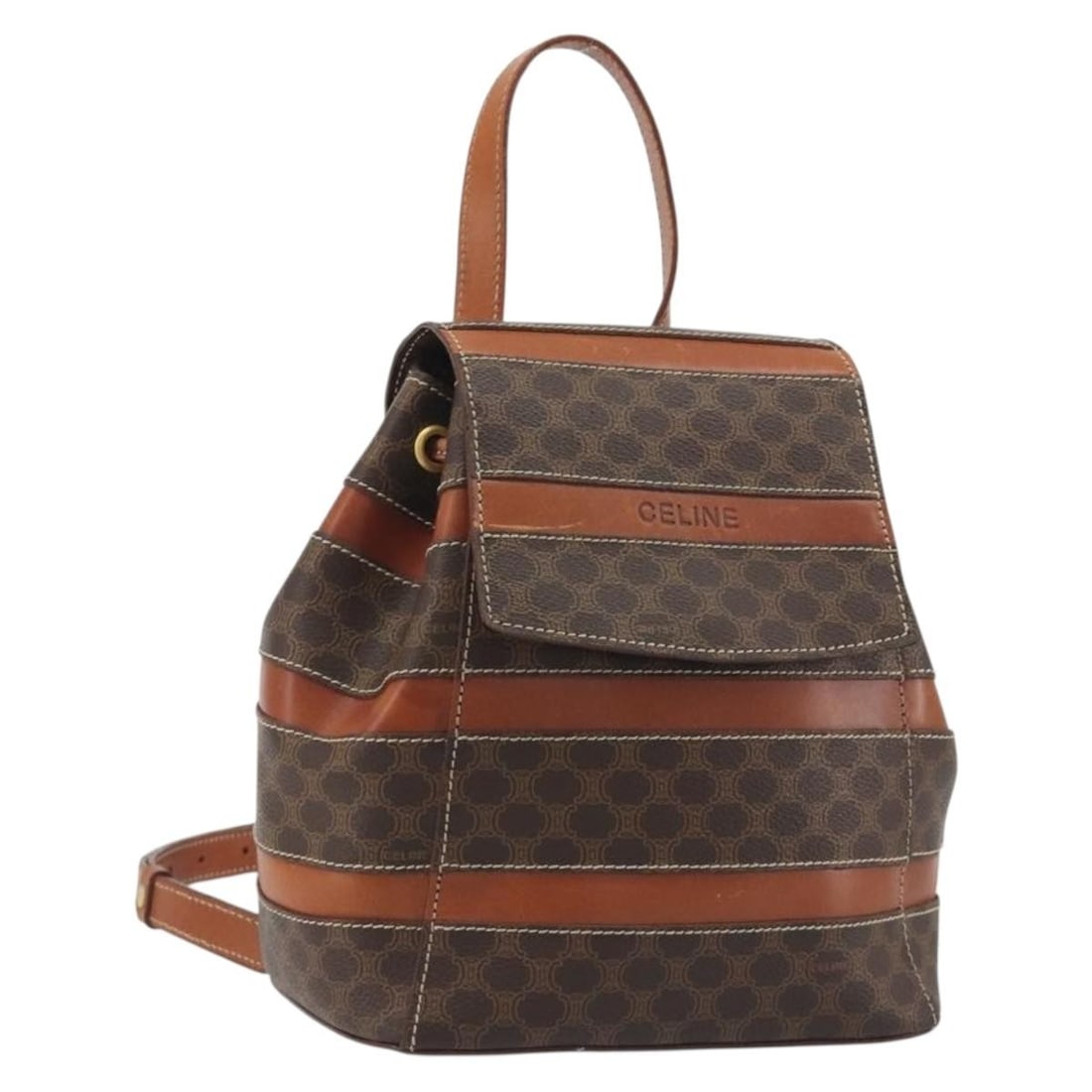 CELINE Macadam PVC Leather Backpack Brown Gold Tone Italy: CELINE Macadam PVC Leather Backpack Brown Gold Tone Italy Authentic CELINE Macadam backpack crafted from PVC leather and Macadam canvas in brown with gold-tone accents. Made in Italy, this women's bac