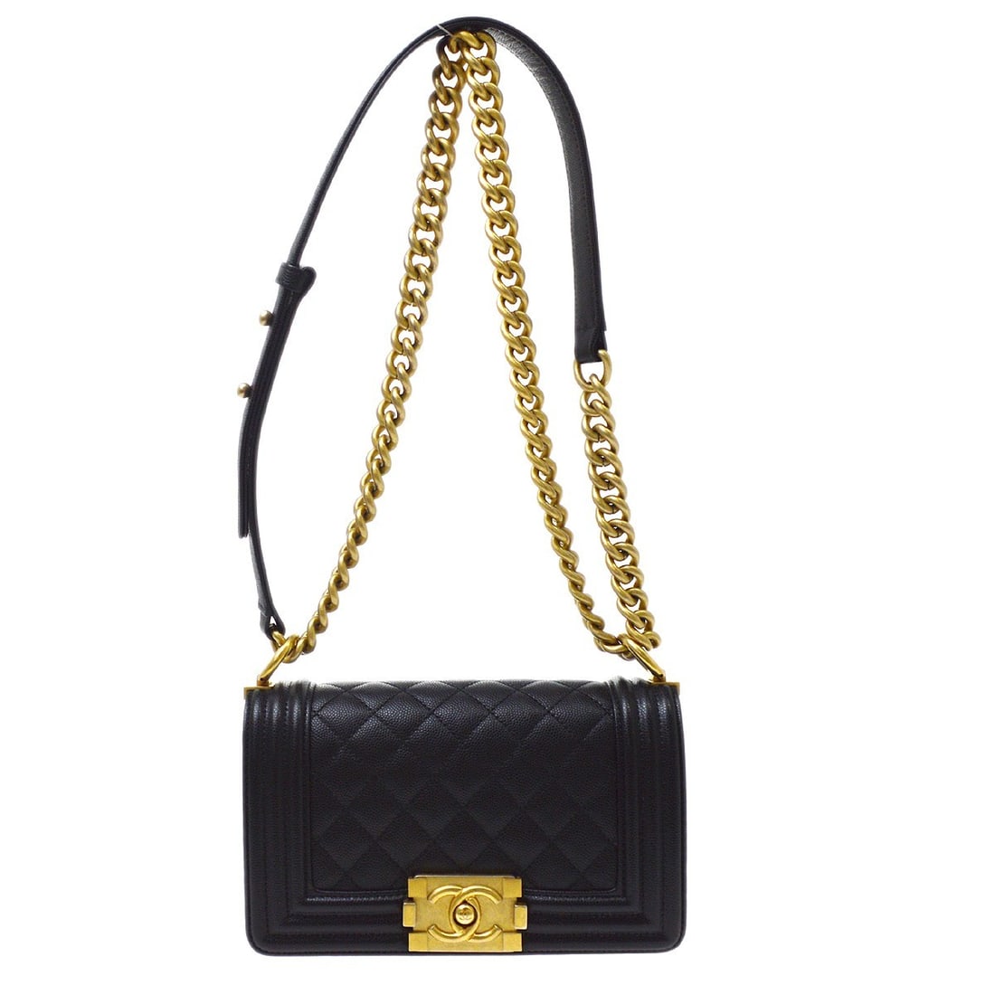 CHANEL Boy Chanel Mini Black Caviar Leather Chain Shoulder Bag: CHANEL Boy Chanel Mini Black Caviar Leather Chain Shoulder Bag Chanel Boy Chanel small chain shoulder bag in black caviar skin leather with a clasp flap closure, chain shoulder strap, fabric lining, a
