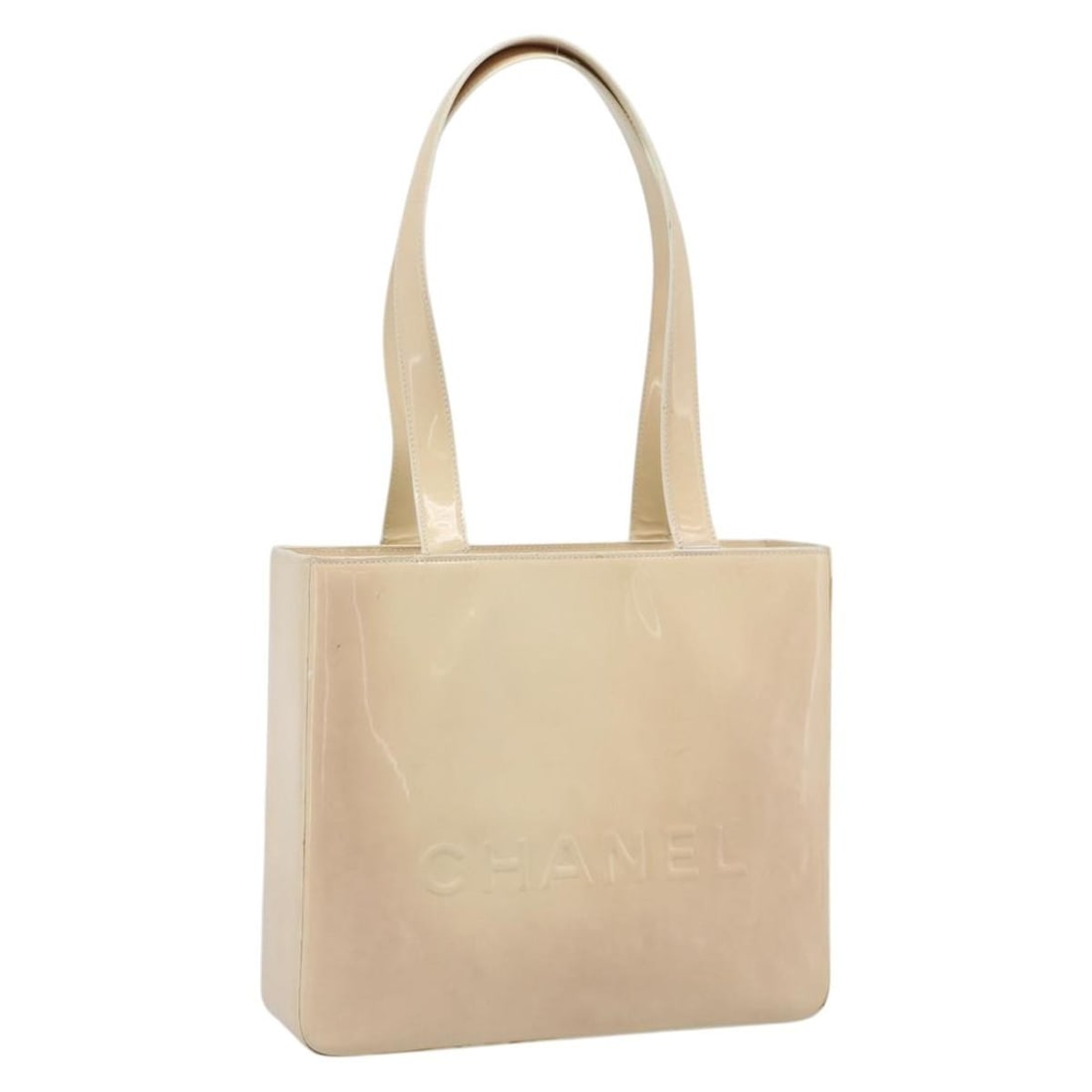 CHANEL Patent Leather Tote Handbag Ivory Gold CC France: CHANEL Patent Leather Tote Handbag Ivory Gold CC France Authentic Chanel tote bag in ivory and gold patent leather, made in France. This women's bag includes only the item shown and does not come with