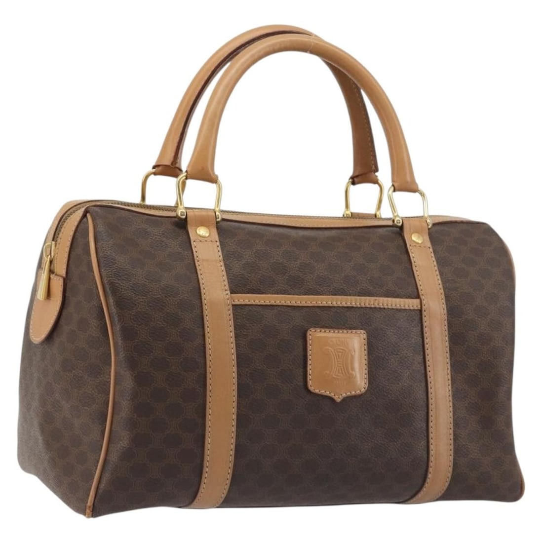 CELINE Macadam Boston Bag Brown PVC Leather Gold Tone: CELINE Macadam Boston Bag Brown PVC Leather Gold Tone Authentic CELINE Macadam canvas Boston bag in brown with gold-tone accents, crafted with PVC leather trim and made in Italy. This women's handbag 