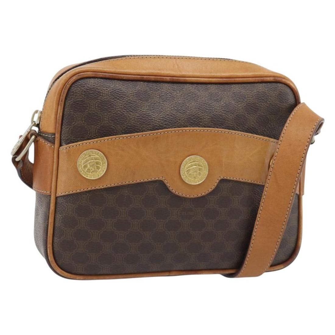 CELINE Macadam Shoulder Bag Brown PVC Leather Canvas Italy: CELINE Macadam Shoulder Bag Brown PVC Leather Canvas Italy Celine Macadam shoulder bag in brown PVC leather and canvas with gold-tone accents. This women's bag is made in Italy and features an adjusta
