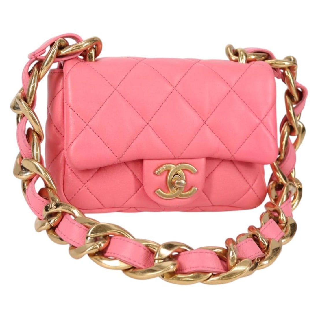 CHANEL Matelasse Leather Shoulder Bag Pink Gold Tone CC: CHANEL Matelasse Leather Shoulder Bag Pink Gold Tone CC A CHANEL Matelasse chain shoulder bag in pink and gold leather, made in Italy. It features a shoulder strap with a 12.6 inch drop and comes with