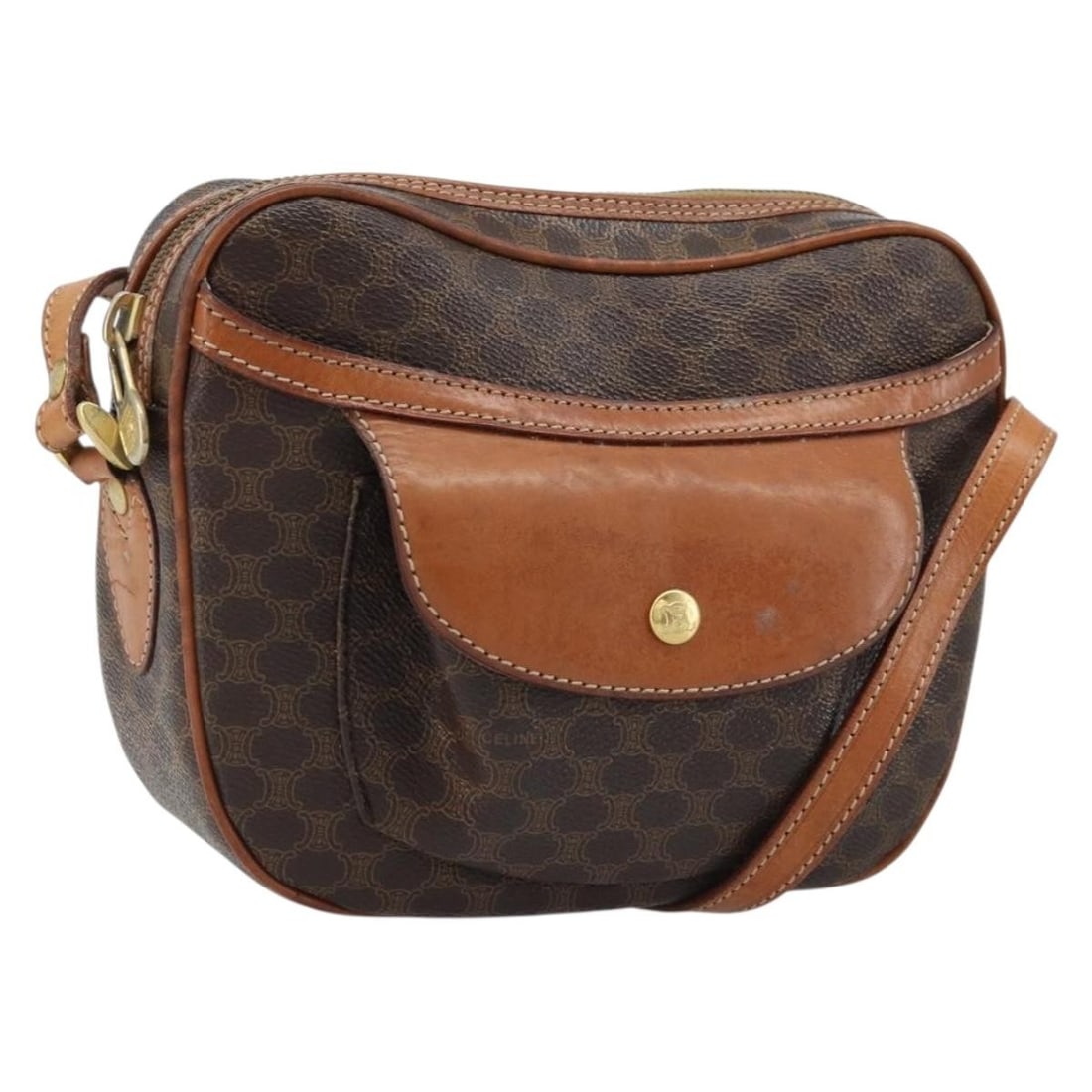 CELINE Macadam Shoulder Bag Brown PVC Leather Gold Tone: CELINE Macadam Shoulder Bag Brown PVC Leather Gold Tone Celine Macadam canvas shoulder bag in brown with gold-tone accents, crafted with PVC leather trim. Made in Italy, this women's shoulder bag is o