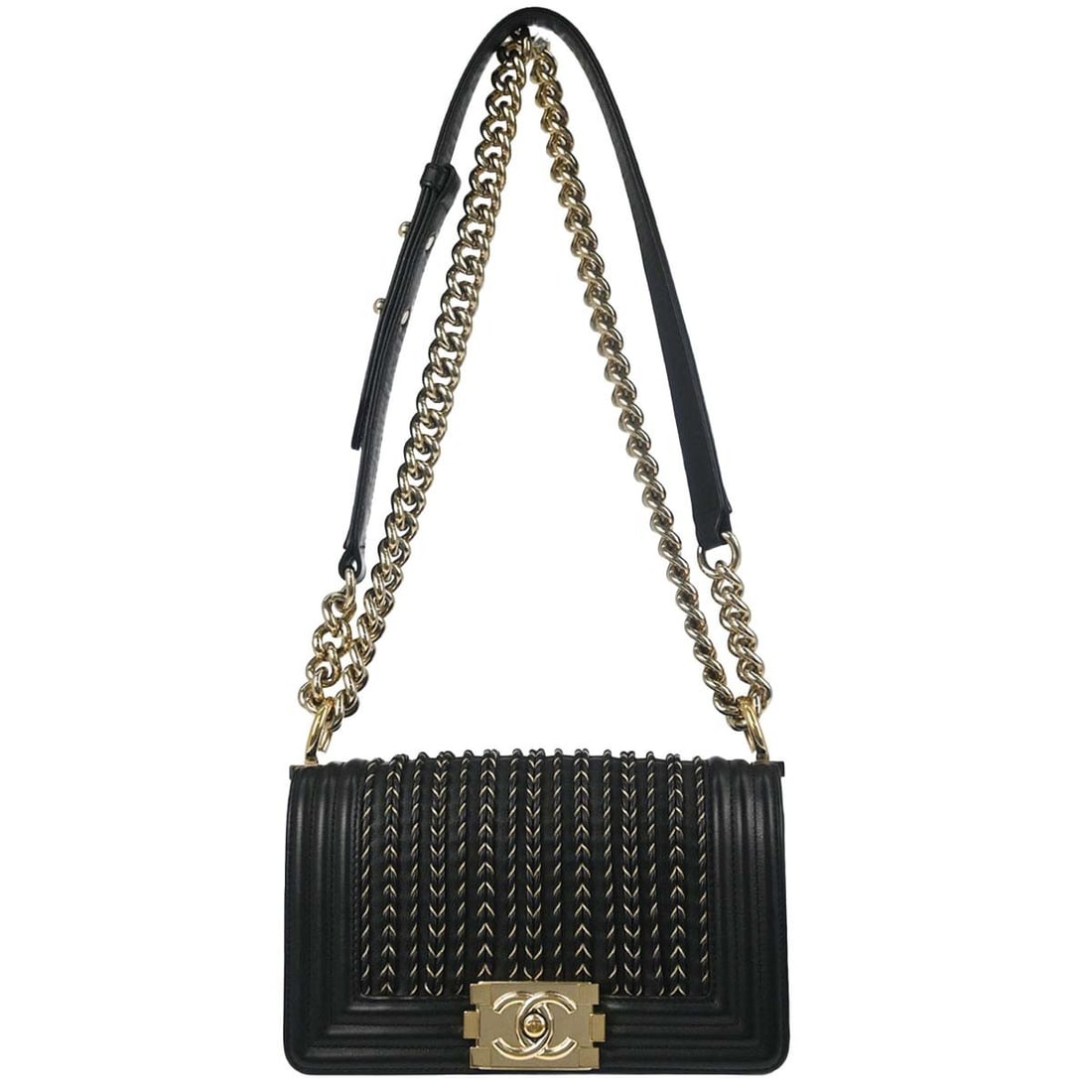CHANEL Boy Chanel mini black lambskin shoulder bag chain strap: CHANEL Boy Chanel mini black lambskin shoulder bag chain strap Boy Chanel small chain shoulder bag in black lambskin with a clasp flap closure and chain shoulder strap. The bag features a fabric linin