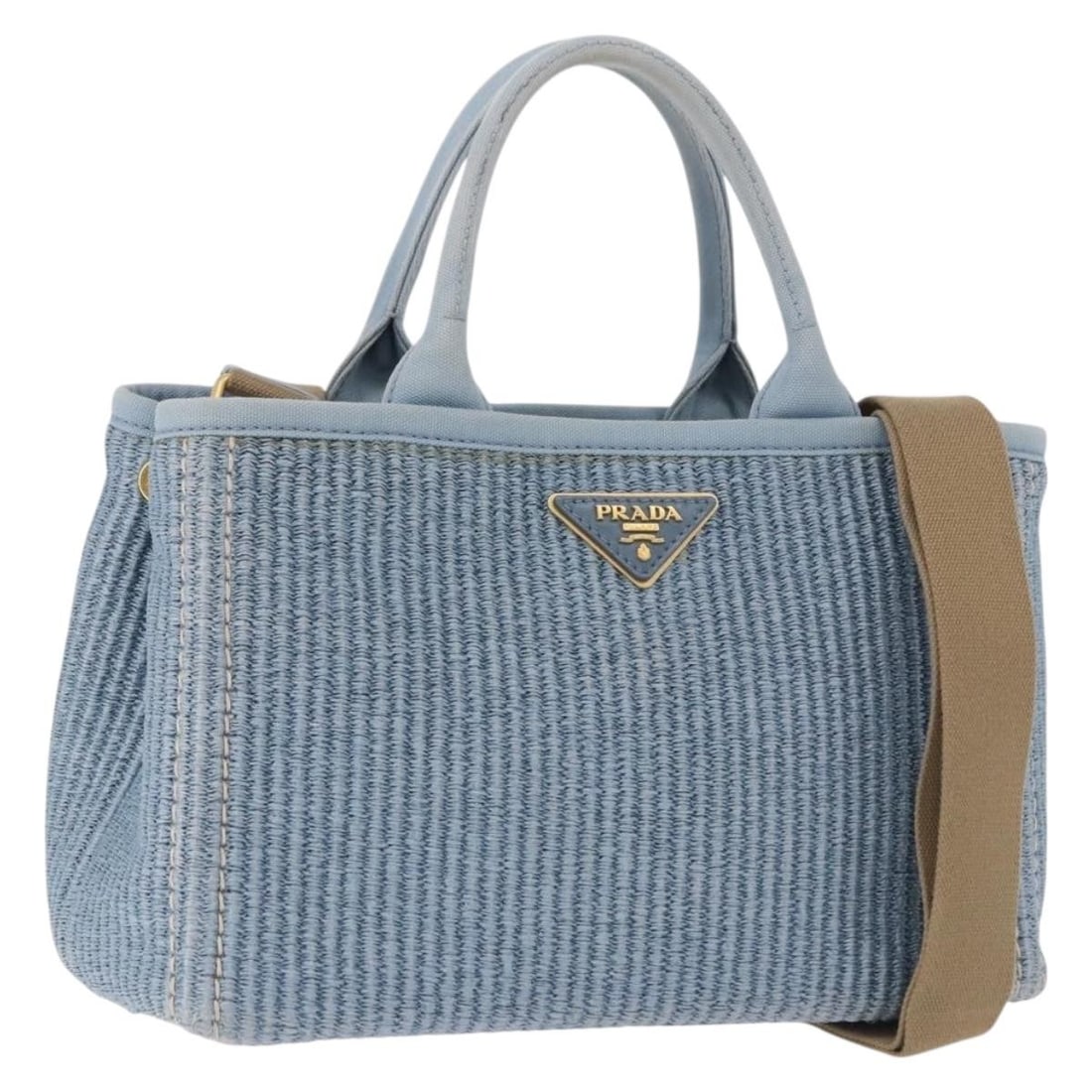 PRADA 2way Wood Hand Bag Light Blue Gold Shoulder Strap: PRADA 2way Wood Hand Bag Light Blue Gold Shoulder Strap Prada 2-way handbag in light blue and gold with a wood exterior and a detachable shoulder strap. Made in Italy, this women's bag can be carried 