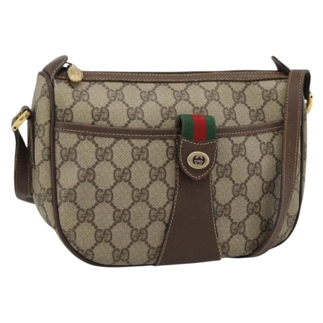 Gucci 89 02 032 GG Supreme Sherry Web Shoulder Bag Beige Gold: Gucci 89 02 032 GG Supreme Sherry Web Shoulder Bag Beige Gold Authentic Gucci GG Supreme Web Sherry Line shoulder bag in beige and gold PVC leather with GG canvas. This women's bag was made in Italy a