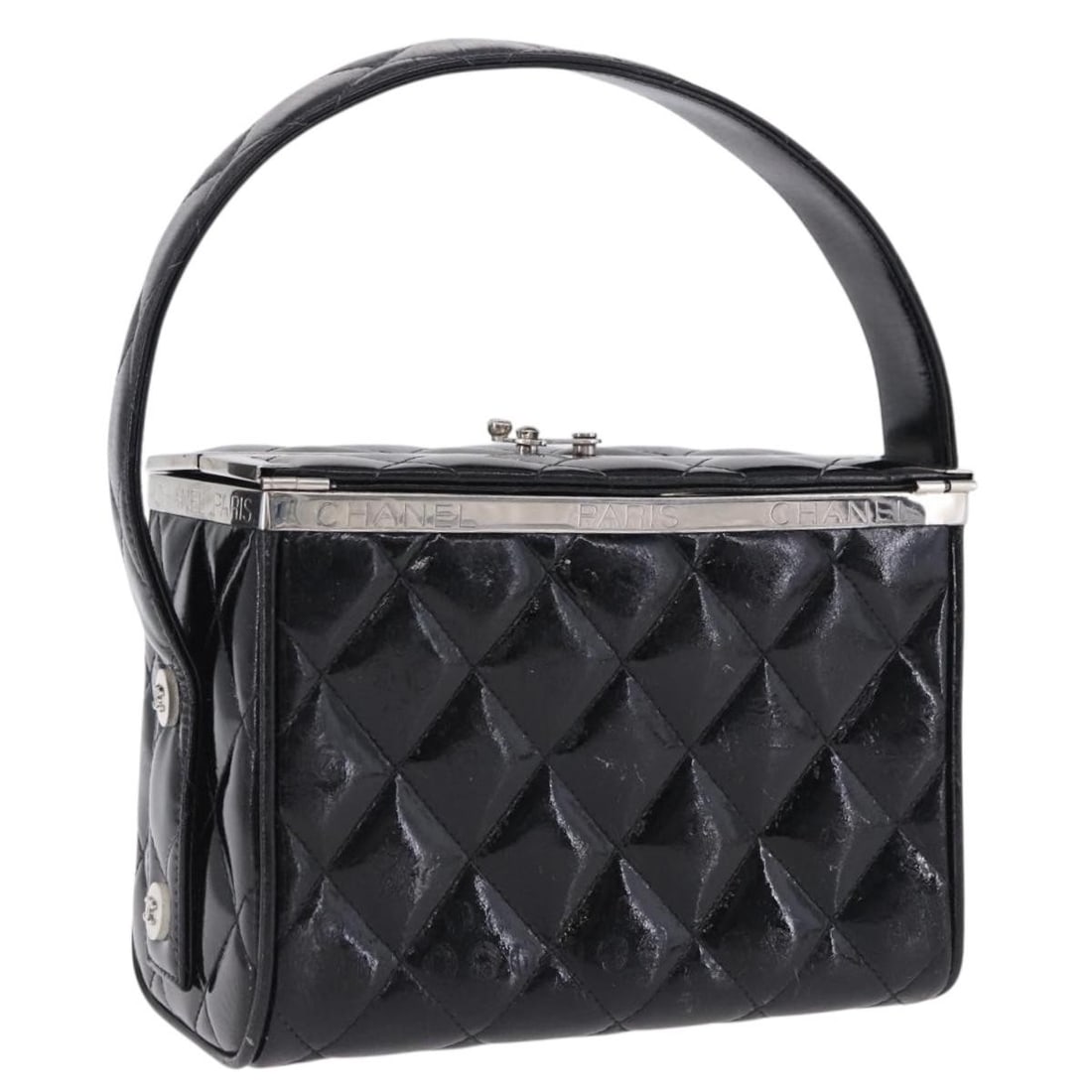 CHANEL CC Matelasse Enamel Handbag Black Silver: CHANEL CC Matelasse Enamel Handbag Black Silver Chanel Matelasse handbag in black enamel with silver-tone CC detailing, made in France. This women's handbag includes only the item shown; box and dust 