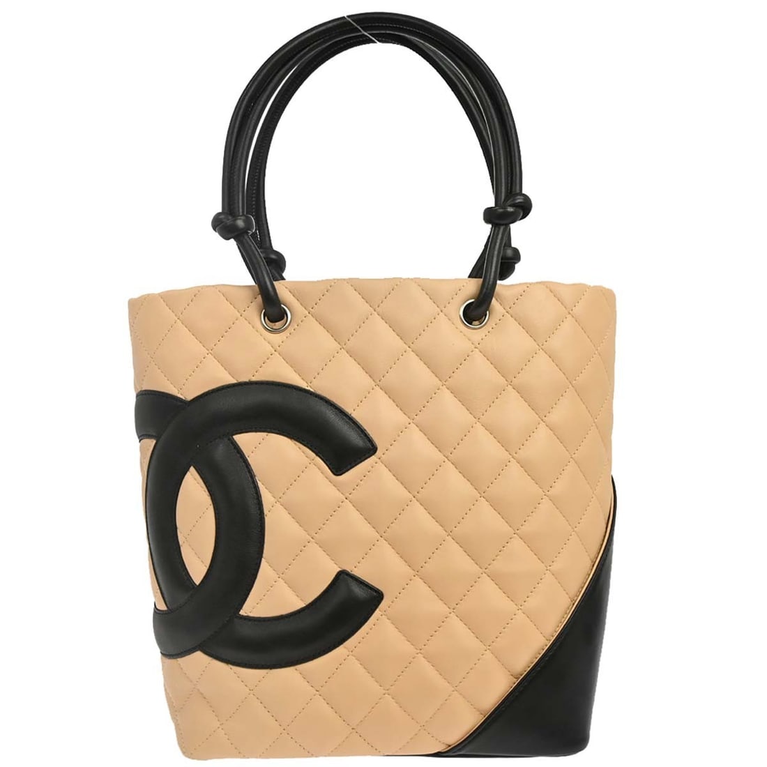 CHANEL Cambon Ligne beige calfskin tote handbag: CHANEL Cambon Ligne beige calfskin tote handbag Chanel Cambon Ligne tote handbag in beige calfskin leather with black double handles and black canvas lining. This medium tote features a zip closure, q