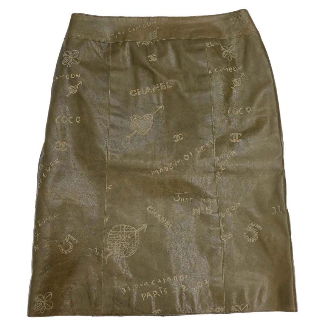 CHANEL Mademoiselle Graffiti calfskin knee skirt khaki FR 42 (1 of 15)