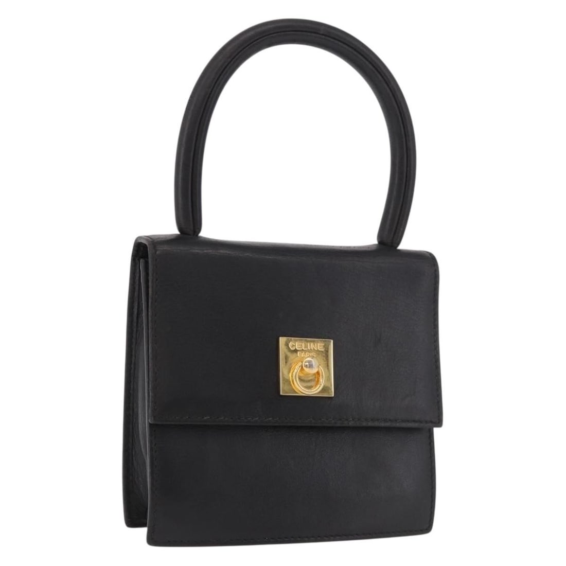 CELINE Leather Hand Bag Black and Gold Italy: CELINE Leather Hand Bag Black and Gold Italy Compact Celine leather handbag in black with gold-tone accents, made in Italy. This women's bag has a structured small profile and includes only the item s