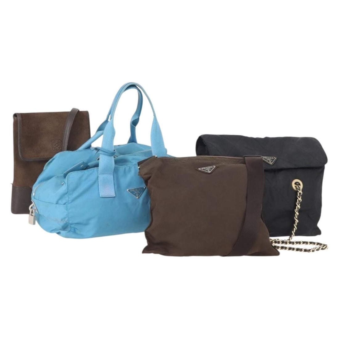 4 Piece LOEWE Suede Shoulder Bag Set Brown Navy Blue: 4 Piece LOEWE Suede Shoulder Bag Set Brown Navy Blue Set of 4 LOEWE shoulder bags in suede with a brown, navy, and blue color palette. Includes padlock, two keys, and clochette. These bags show heavy 